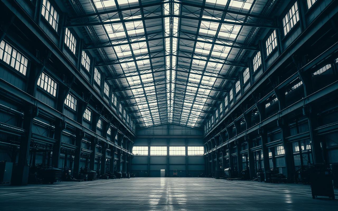 Interno di capannone industriale con struttura in acciaio e ampia luce zenitale
