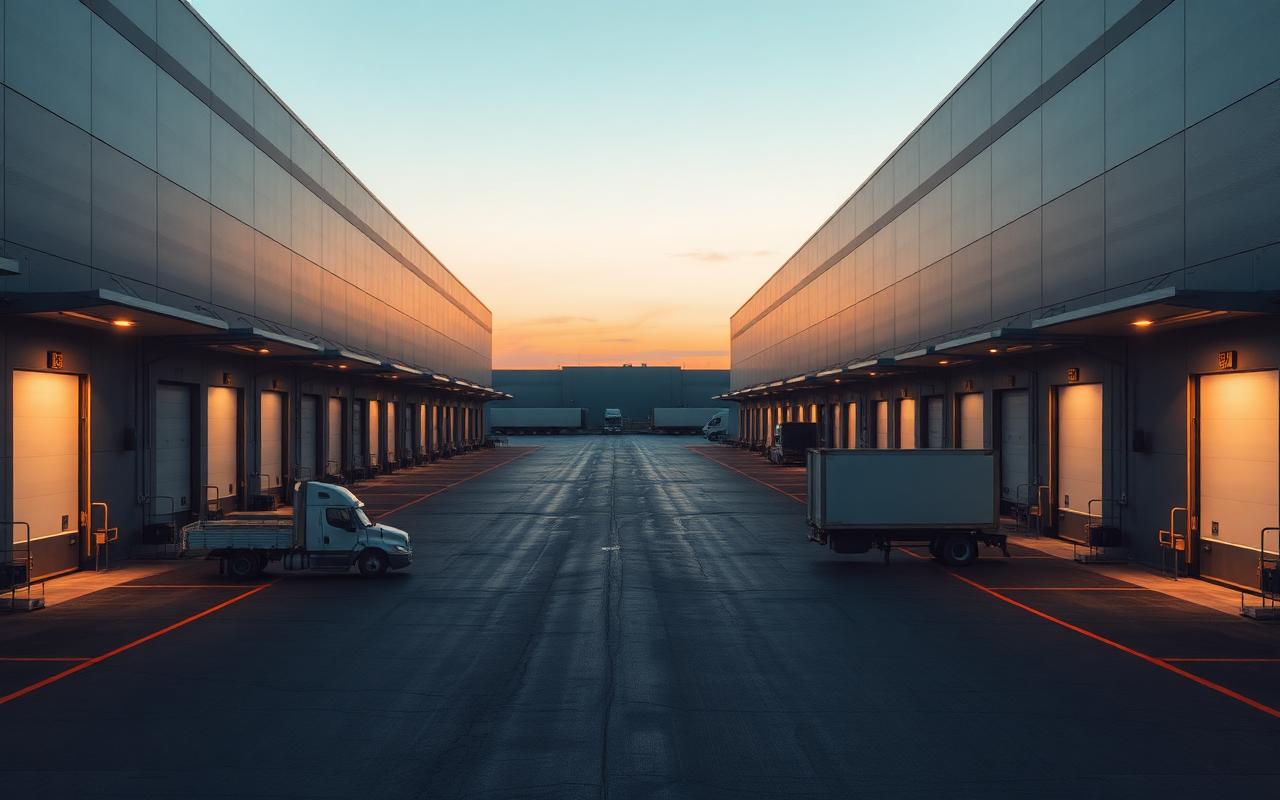 Hub logistico con baie di carico e ampio piazzale al tramonto