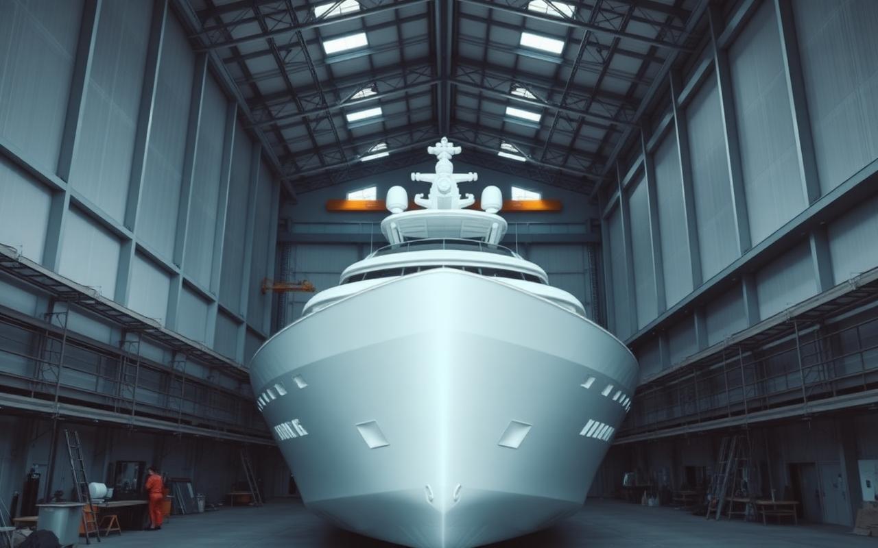 Scafo di yacht in costruzione all'interno di un cantiere navale