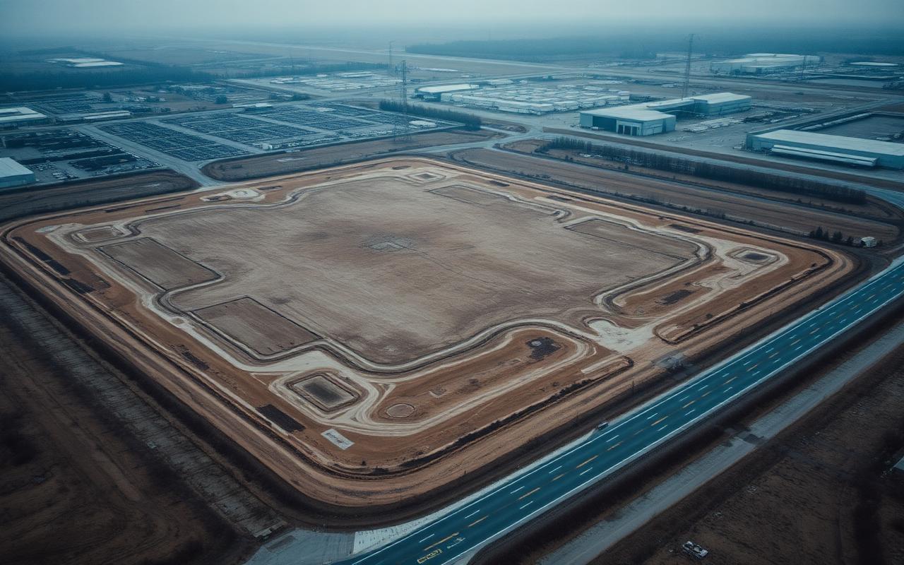 Vista aerea di area industriale edificabile in prossimità di infrastrutture stradali